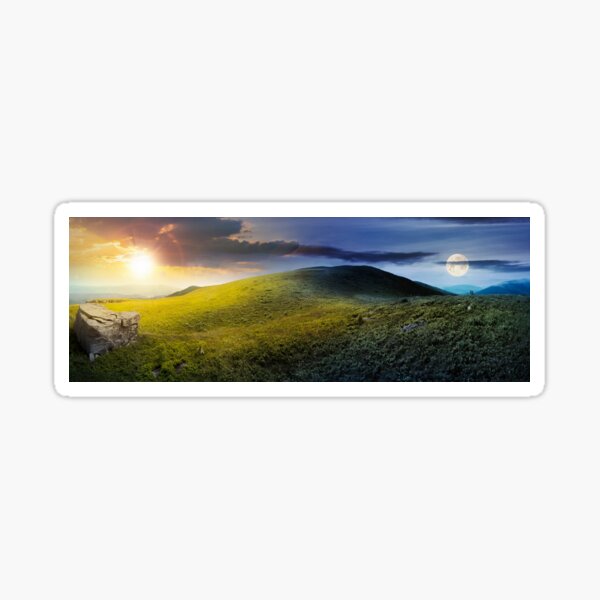 time change above panorama of grassy hill Sticker