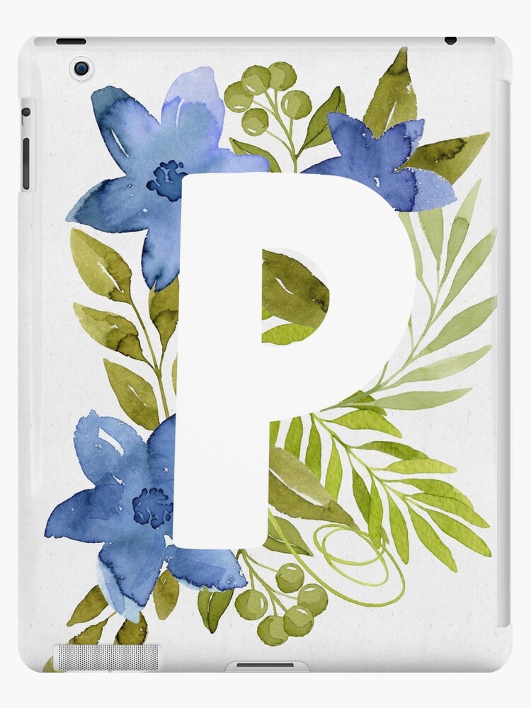 Letter P in blue watercolor flowers and leaves. Floral monogram.
