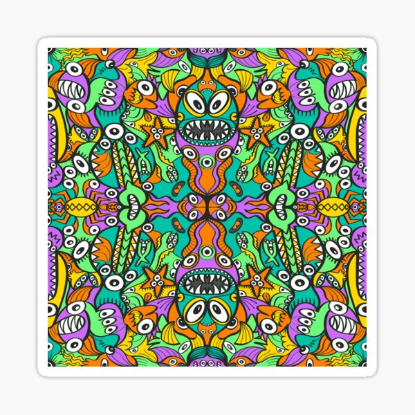 Vista previa del artículo con la obra «Criaturas acuáticas tropicales en el estilo del arte del doodle que forman un diseño de patrón colorido», diseñado y vendido por Zoo-co.