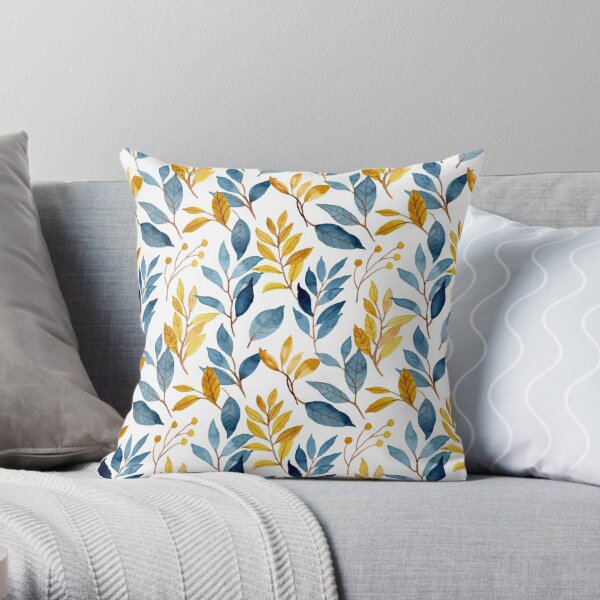 Floral Watercolor Leaves, Yellow and Blue, Nature Pattern Throw Pillow