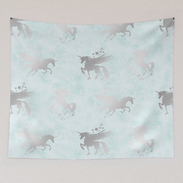 Item preview, Silver Unicorns on Blue Background Pattern designed and sold by AMS-ART.