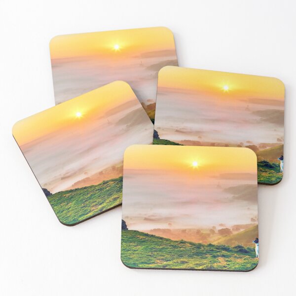 Item preview, dog watching the sunrise at a misty Hope Valley, Castleton, Derbyshire,UK designed and sold by Itsgrimupnorth.