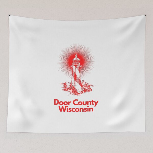 Item preview, Door County Wisconsin Lighthouse Waves Beacon Rocks Graphic Drawing Picture Design Lake Michigan Travel Vacation Camping Red and White designed and sold by fineartprints1.