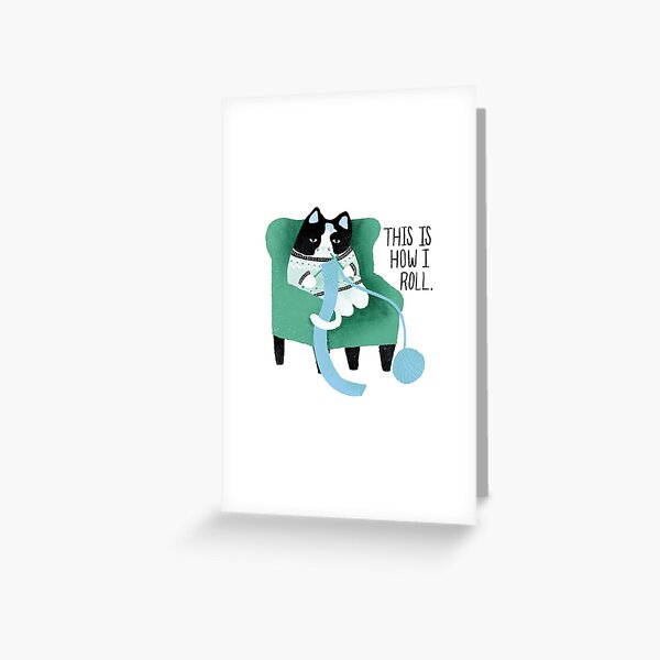 Knitting Cat - blue/green Greeting Card