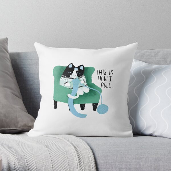 Knitting Cat - blue/green Throw Pillow