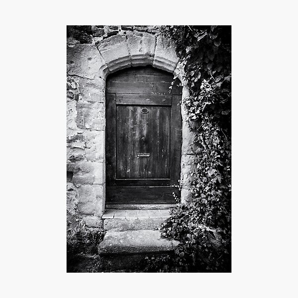 Black and white photo of a secret mysterious old door overgrown with ivy in France Photographic Print