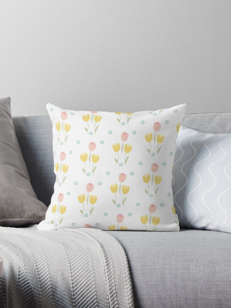 Thumbnail 1 of 3, Throw Pillow, A simple pattern with pink and yellow tulips. designed and sold by Victoria Riabov.