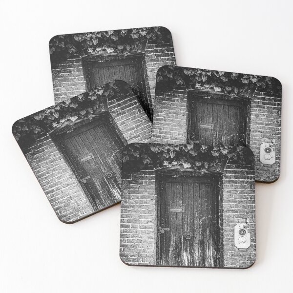 Item preview, Black and white photo of a closed weathered door to a secret garden in London designed and sold by Diana van Neck.