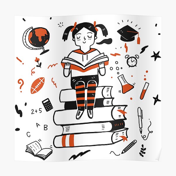 Young student girl reading a book sitting on the books Poster