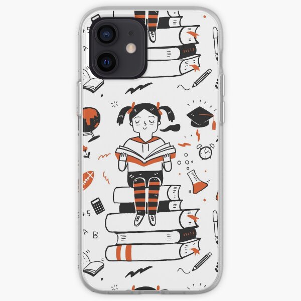 Young student girl reading a book sitting on the books iPhone Soft Case