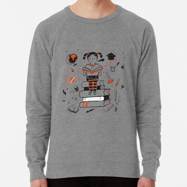 Young student girl reading a book sitting on the books Lightweight Sweatshirt