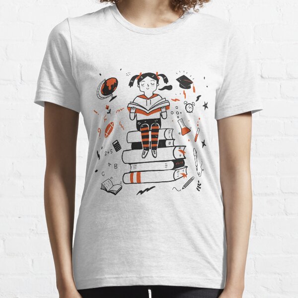 Young student girl reading a book sitting on the books Essential T-Shirt