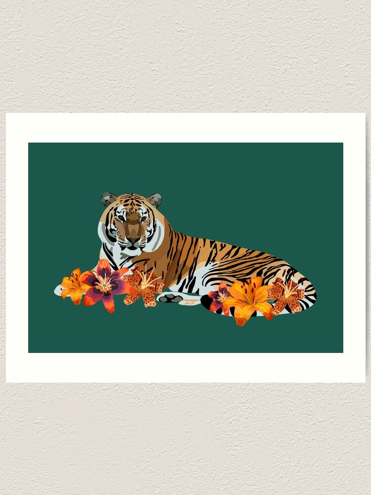 Tiger with pink and yellow flowers. Amur tiger walk in the cotton