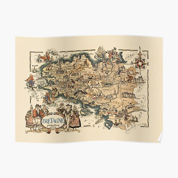 1951 Carte Vintage de Bretagne, France. Poster