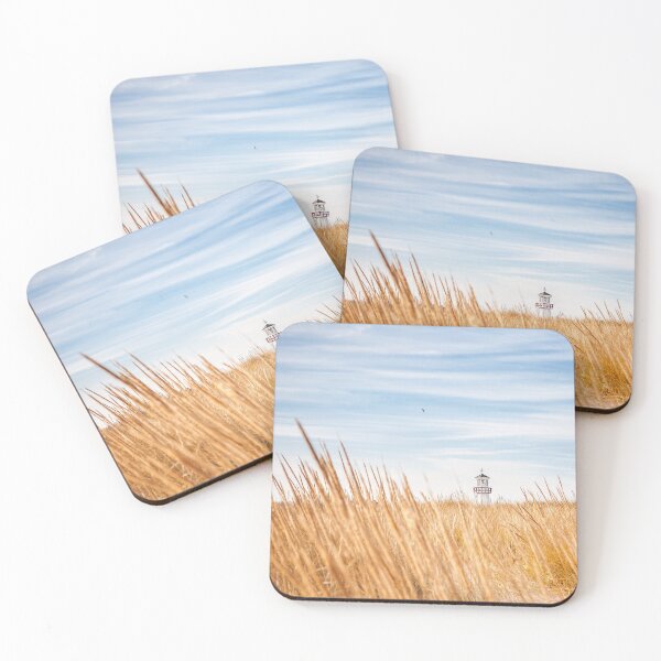 Item preview, Lighthouse visible above the dune grasses on a beach designed and sold by soupstock.