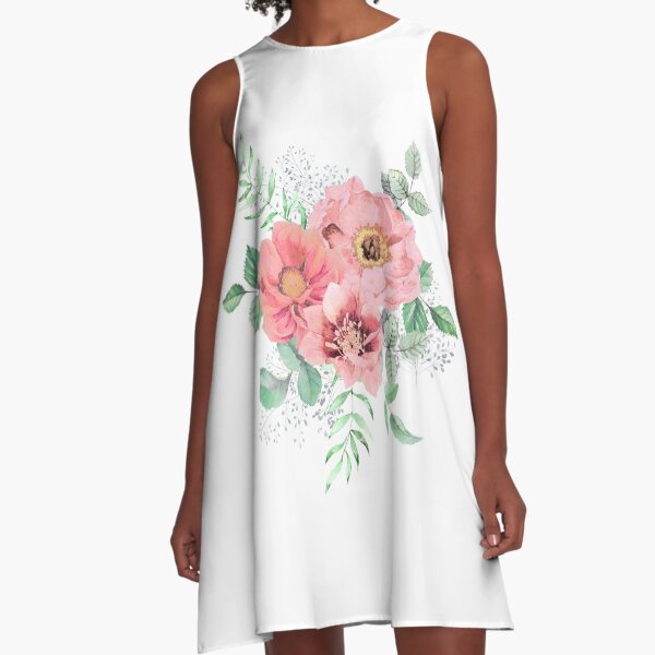 Peonies Watercolor Bouquet A-Line Dress
