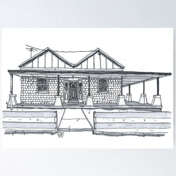 Item preview, Australian Brick Homestead Old House Pen & Ink Greyscale Black & White Drawing.  designed and sold by NutsnGum.