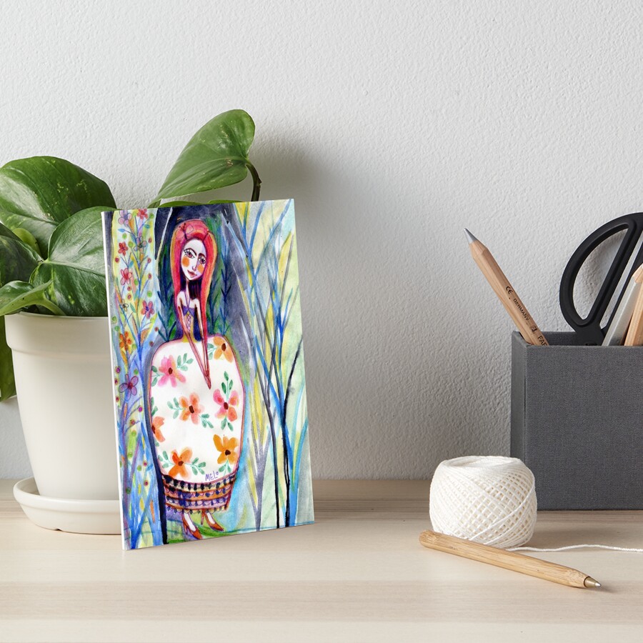 Woman in the Woods, Meloearth Art, Painting Redhead, Floral Fashion Dress, Orange Long Hair Girl Cute, Fairy, Floral Art Board Print