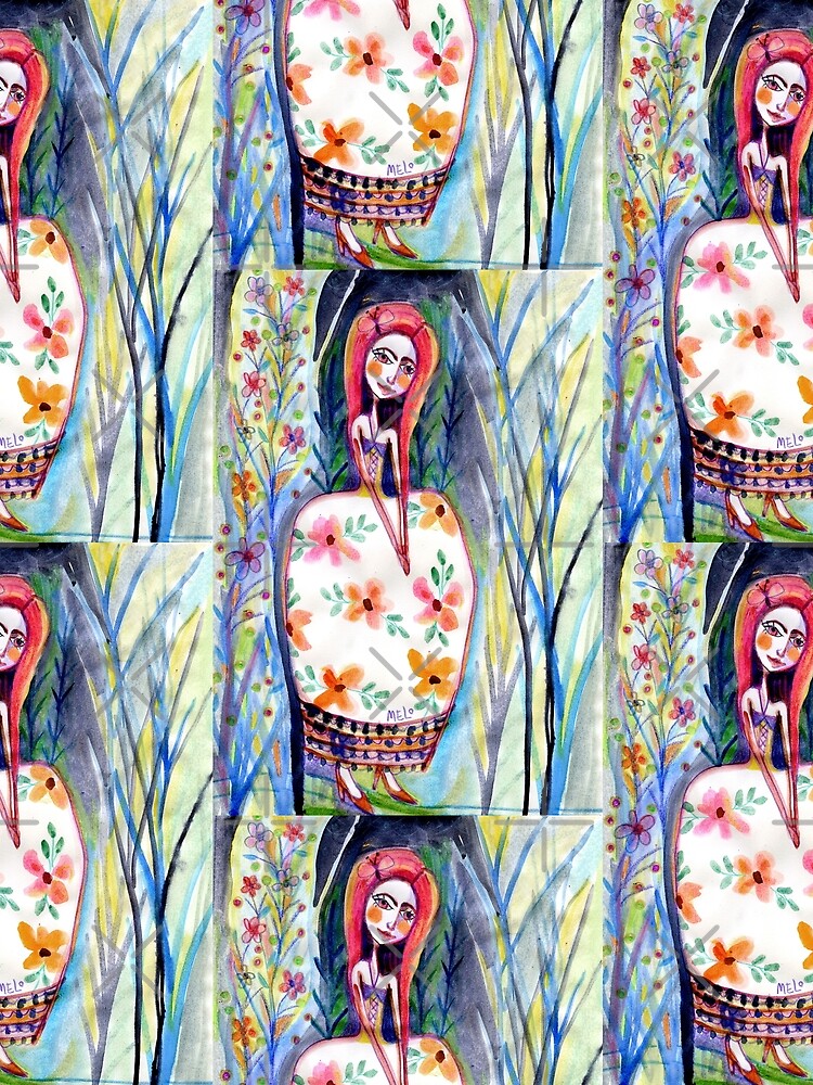 Woman in the Woods, Meloearth Art, Painting Redhead, Floral Fashion Dress, Orange Long Hair Girl Cute, Fairy, Floral by meloearth