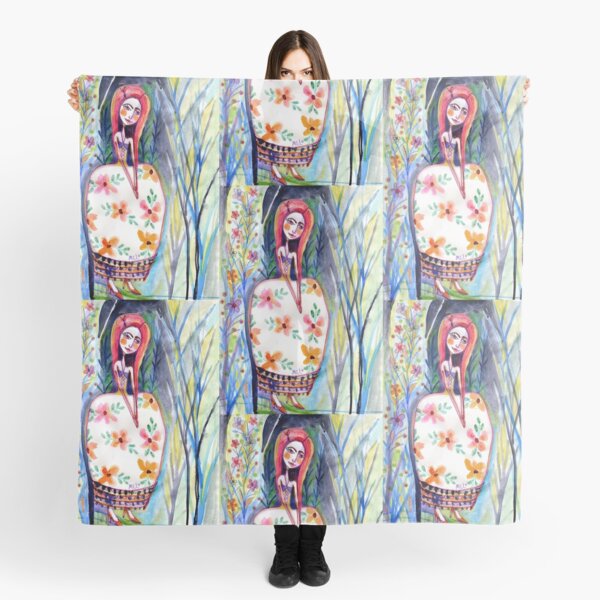 Woman in the Woods, Meloearth Art, Painting Redhead, Floral Fashion Dress, Orange Long Hair Girl Cute, Fairy, Floral Scarf