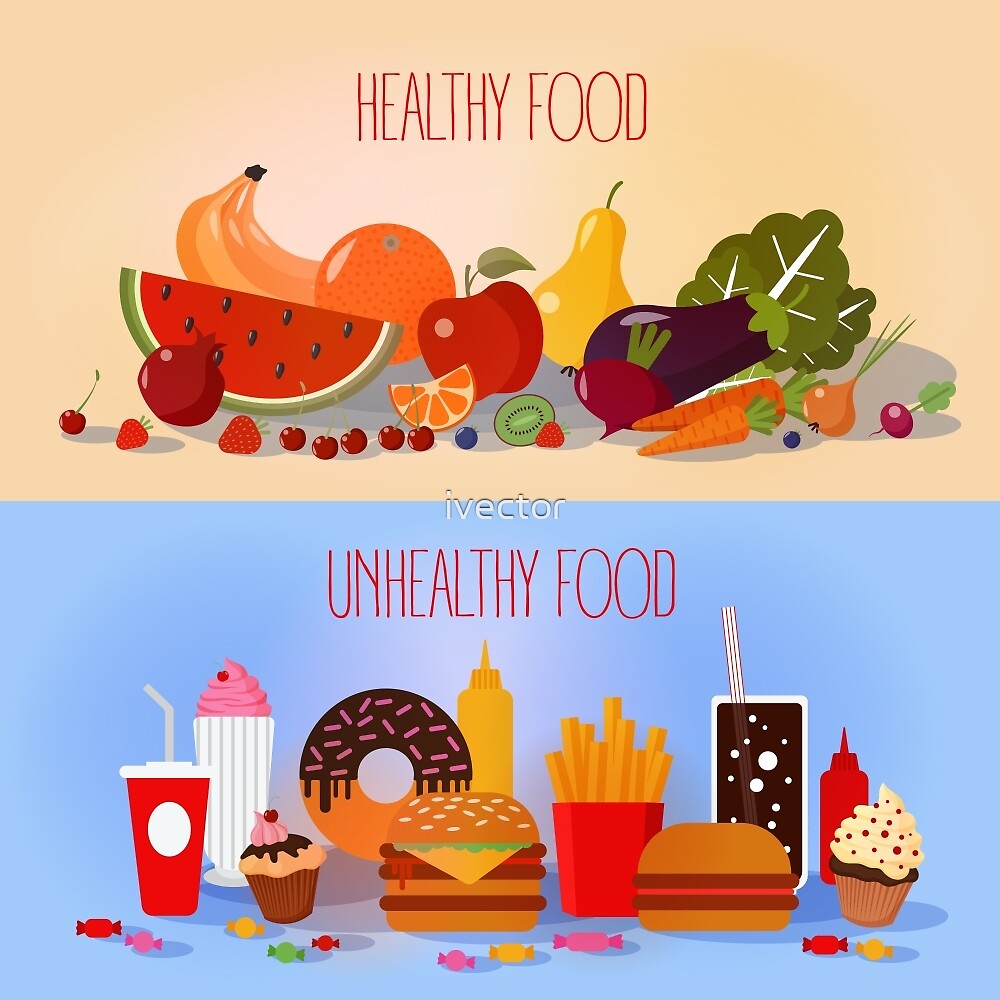  Healthy Food and Unhealthy Fast Food Fruits and 