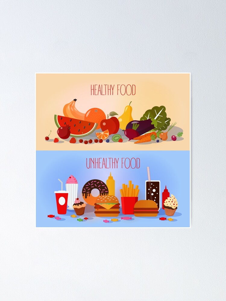 Gesundes Essen Und Ungesundes Fast Food Obst Und Gemuse Oder Fast Food Und Sussigkeiten Poster Von Ivector Redbubble