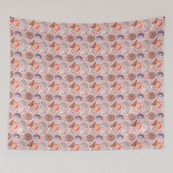 Item preview, hand drawn watercolor seashells seamless pattern on the pink salmon  background designed and sold by linagaiaart.