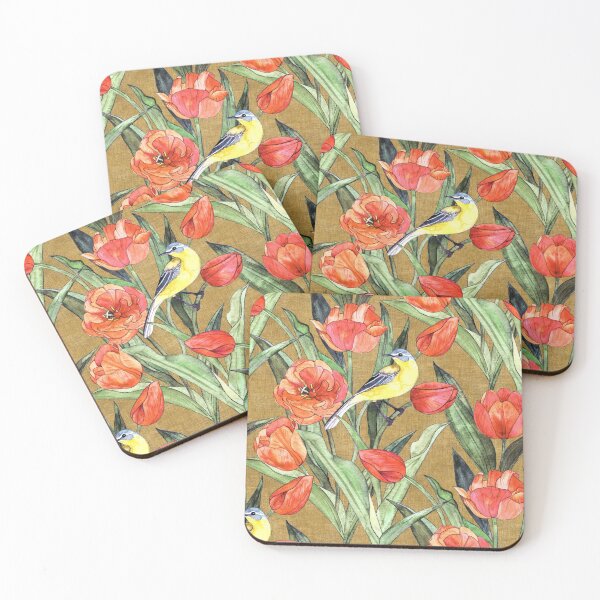 Item preview, Lavandera de cabeza azul en los tulipanes - Coral y oliva designed and sold by micklyn.