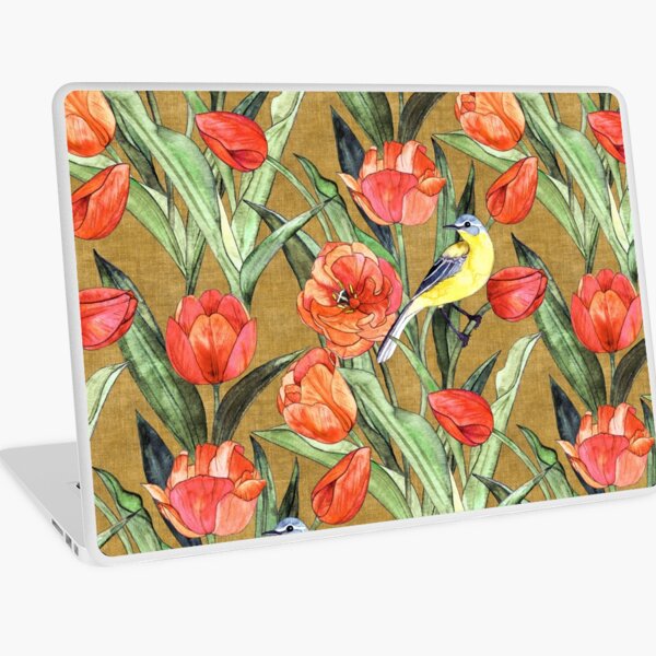 Item preview, Bergeronnette à tête bleue dans les tulipes - corail et olive designed and sold by micklyn.