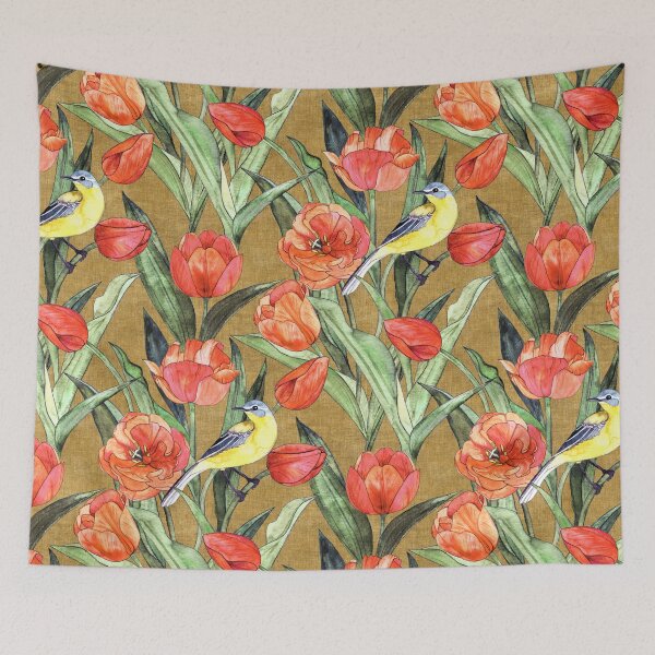 Aperçu de l'œuvre Bergeronnette à tête bleue dans les tulipes - corail et olive créée et vendue par micklyn.