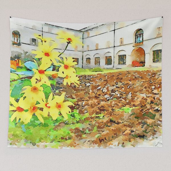 Item preview, Istituto Emiliani: yellow flowers with plowed field inside cloister of the convent designed and sold by Giuseppe Cocco.