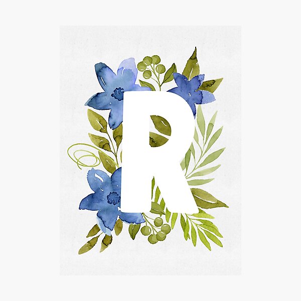 "Letter R in blue watercolor flowers and leaves. Floral monogram