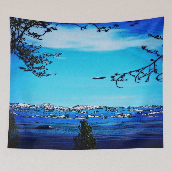 Item preview, Lake Constance and snow-capped mountains in spring comic style designed and sold by frankuffmann.