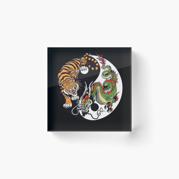 Chines Dragon and Tiger Tattoo Graphic Yin and Yang Symbol Acrylic Block