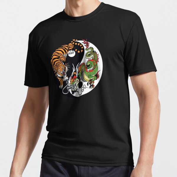 Aperçu de l'œuvre Tatouage graphique de dragon et de tigre chinois, symbole Yin et Yang créée et vendue par enjoytheshirt.