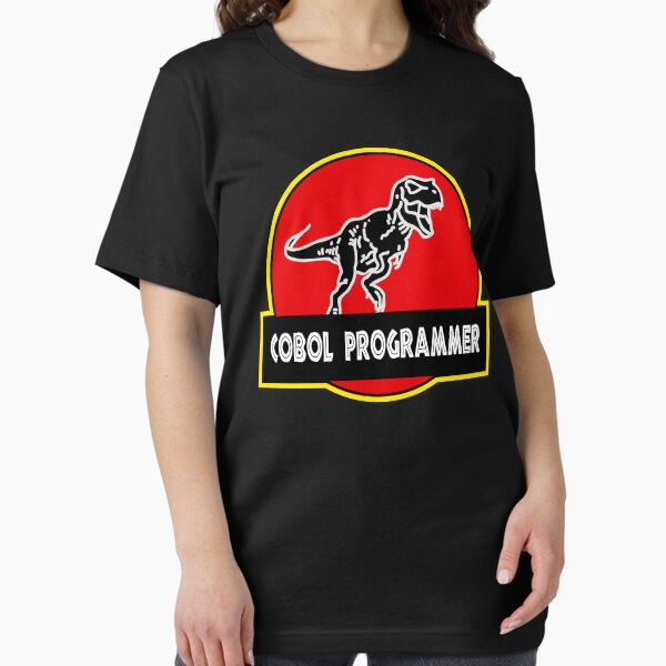 Vista previa del artículo con la obra «Dinosaurio programador COBOL jurásico», diseñado y vendido por penpixelart.