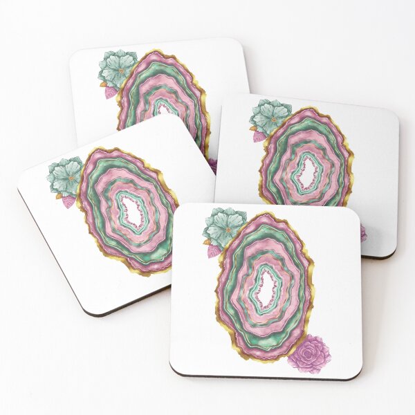 Item preview, watercolor pink crystal with flowers, geode, gemstone, geology, agate slice, boho crystal, watercolor crystal, witch aesthetic, gold crystal designed and sold by Anaïs Illustration.