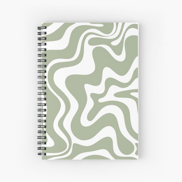 Motif abstrait contemporain de tourbillon liquide en vert sauge et blanc Cahier à spirale