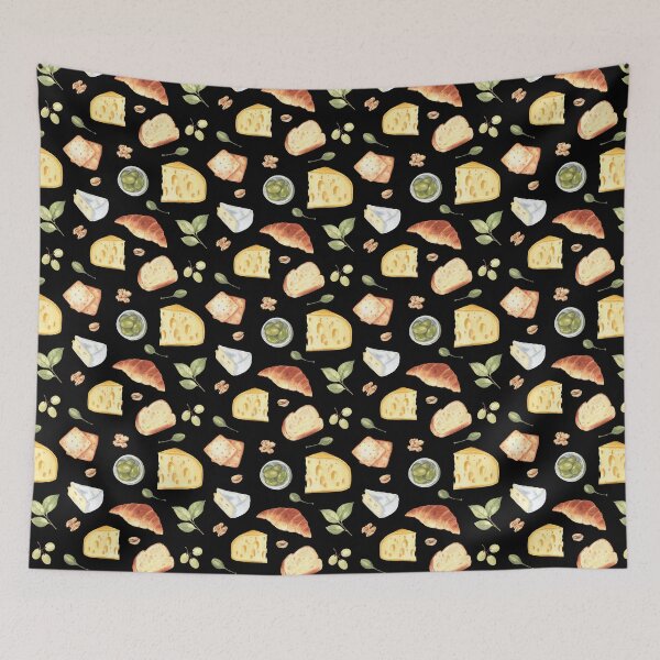 Item preview, Cheese and snacks pattern on black designed and sold by Flowersforbear.