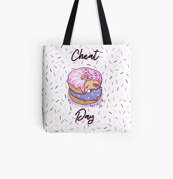 CHEAT DAY Donut pattern pink, purple, confetti background, jelly filled sprinkles, WHITE BACKGROUND All Over Print Tote Bag