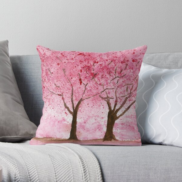 Watercolor Cherry Blossom. Cherry Trees Painting  Throw Pillow