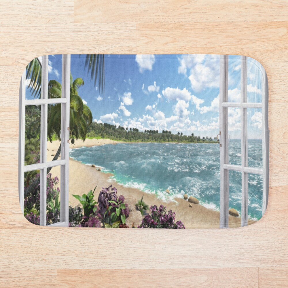 Beautiful Beach Window Views of Tropical Island, ur,bathmat_flatlay_small,square,1000x1000