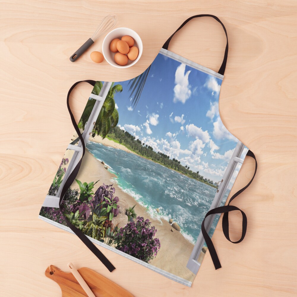 Beautiful Beach Window Views of Tropical Island, ur,apron_realistic_flatlay,square,1000x1000