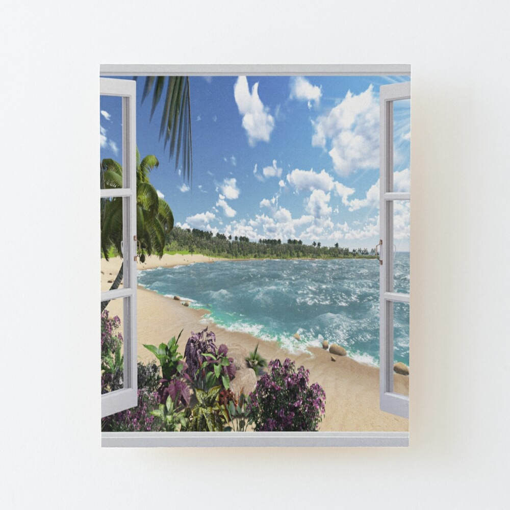 Beautiful Beach Window Views of Tropical Island, ur,mounted_print_wood_portrait_small_front,square,1000x1000