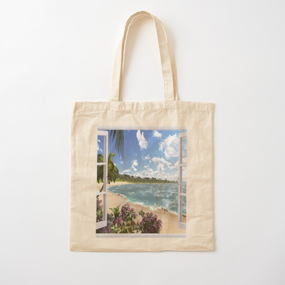 Beautiful Beach Window Views of Tropical Island, ssrco,tote,cotton,canvas_creme,flatlay,square,1000x1000-bg,f8f8f8