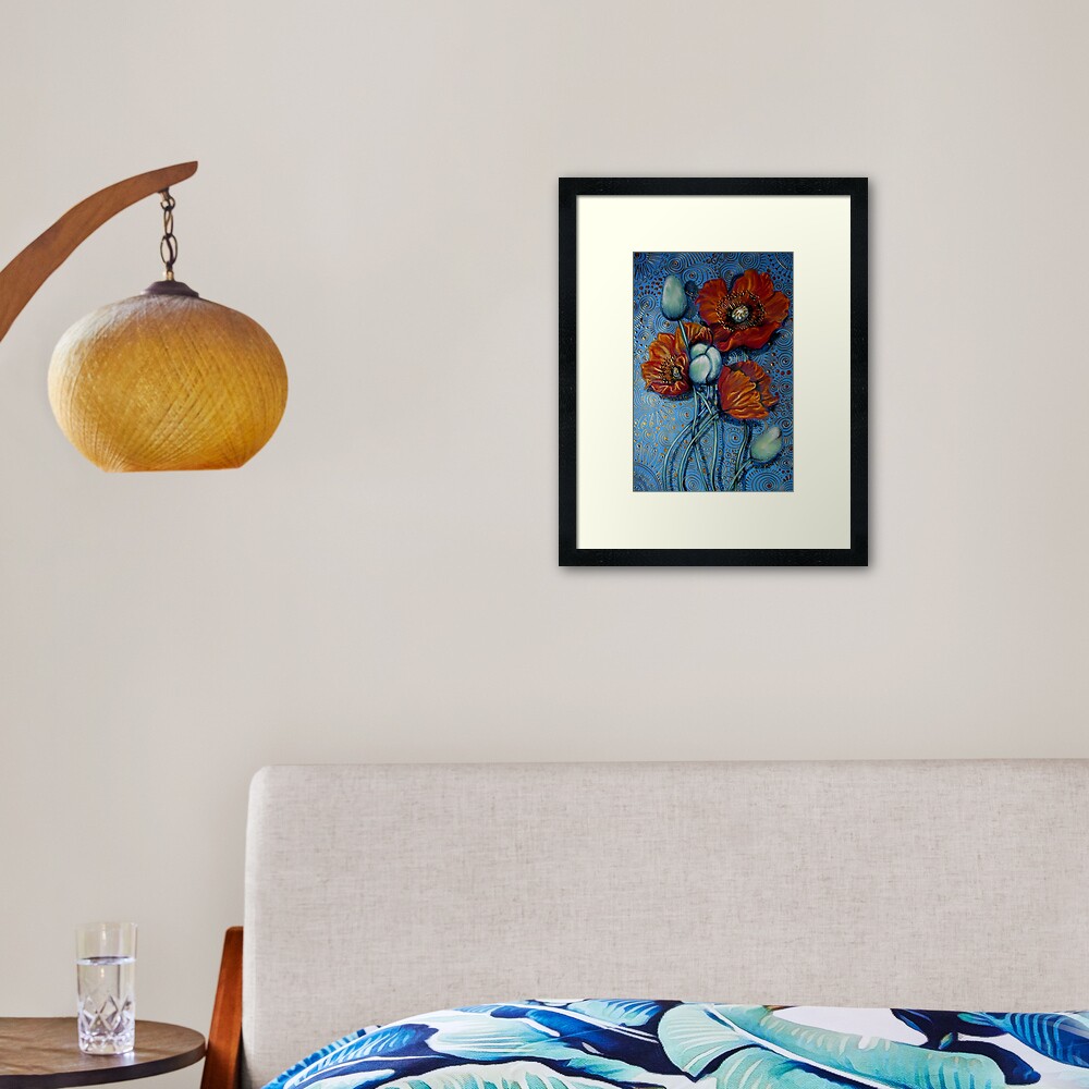 Orange Poppies on Blue Framed Art Print