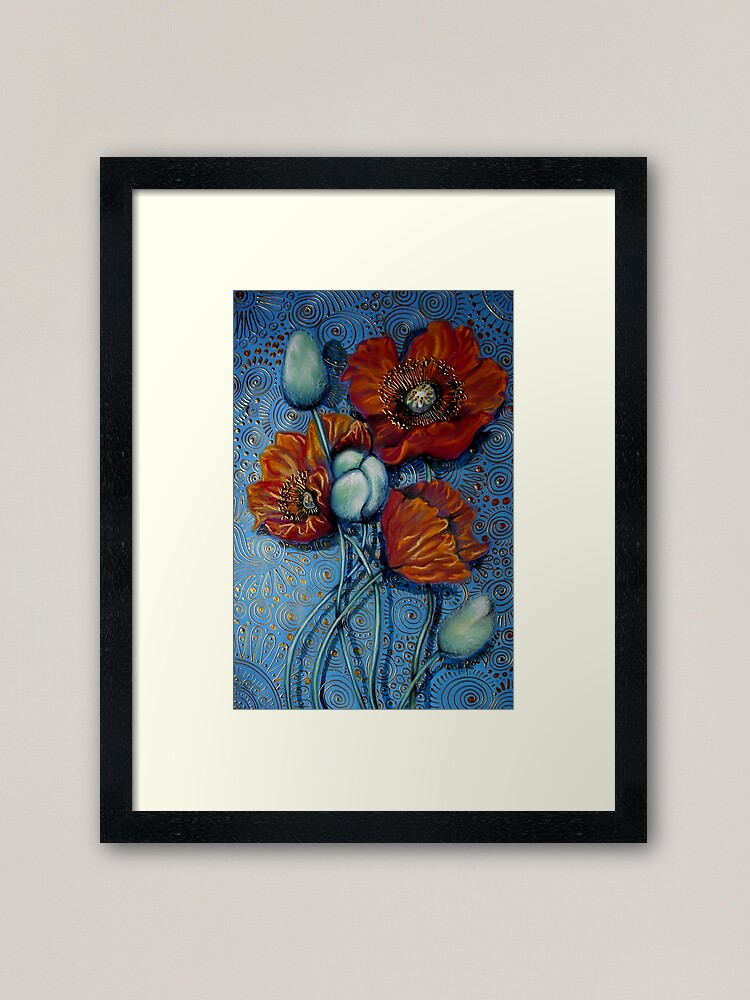Alternate view of Orange Poppies on Blue Framed Art Print