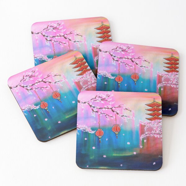 Item preview, Dreamy Japanese Cherry Blossom abstract landscape with pagoda designed and sold by artbymanjiri.