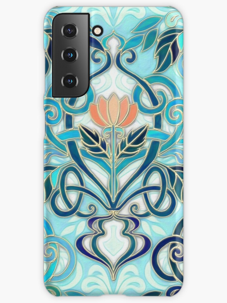 Ocean Aqua Art Nouveau Pattern with Peach Flowers | Art Print