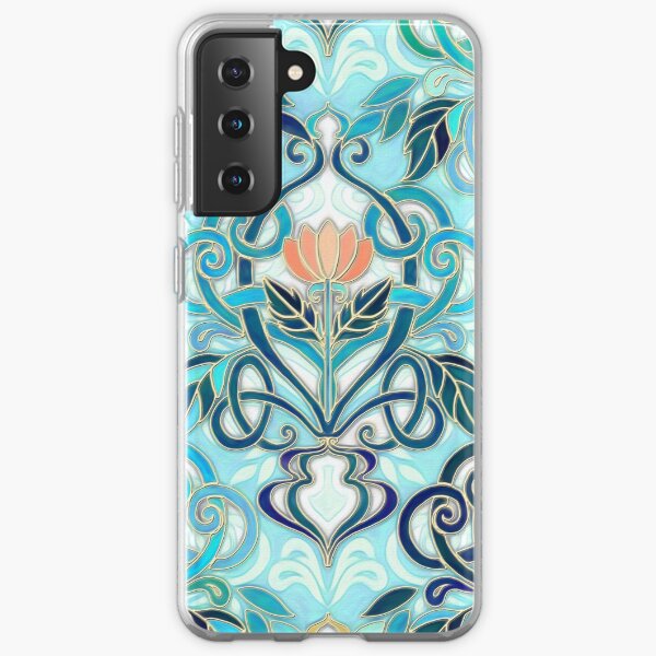 Ocean Aqua Art Nouveau Pattern with Peach Flowers Samsung Galaxy Soft Case